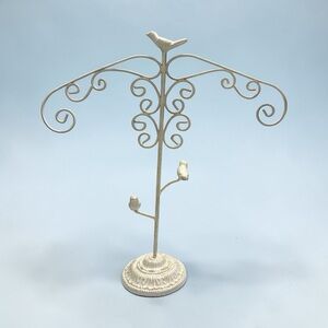 Cream Bird-Themed Metal Jewelry Tree Stand - Home Accent